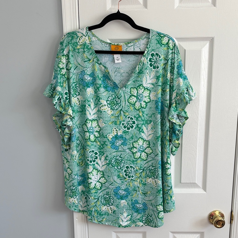 Ruby Rd. Green Floral V-Neck Blouse Top with Ruffle Sleeve Size 2X Stretchy